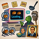 Urreal collage for an adult website parody, featuring hamsters powering an old computer, a sentient mop, a lizardlike life coach, and a spotlighted accountant, all arranged in a humorous low-budget livestream aesthetic.