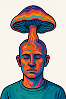 A surreal illustration of a person with a large colorful mushroom growing from their head, set against a white background, highlighting vibrant psychedelic patterns.