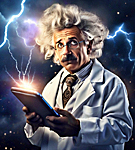 image of an Albret Einstein look-alike dressed in a white lab coat and holding a tablet as lightning crackles in the background