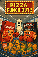 Two pizza boxes about to having a boxing match in a supermarket aisle.