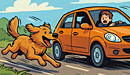 A cartoon-style illustration of a golden retriever—one of the top ten Car-Chasing Dog Breeds—sprinting after an orange sedan on a country road, tongue out, ears flapping, while the startled driver glances back in alarm.